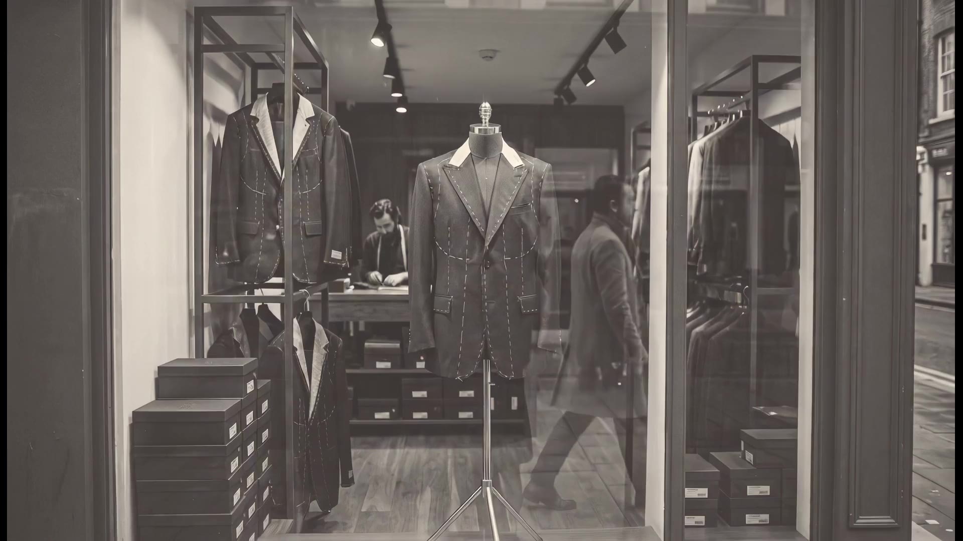 A basted jacket on a stand in the shop window, the street passing in front.