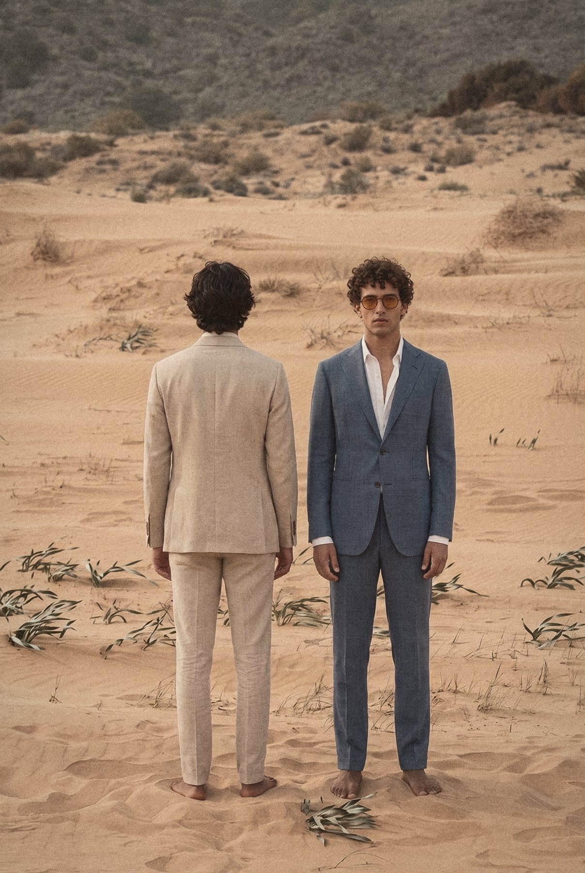 Two men in a sand herringbone suit and a blue check suit stand barefoot in the dunes.