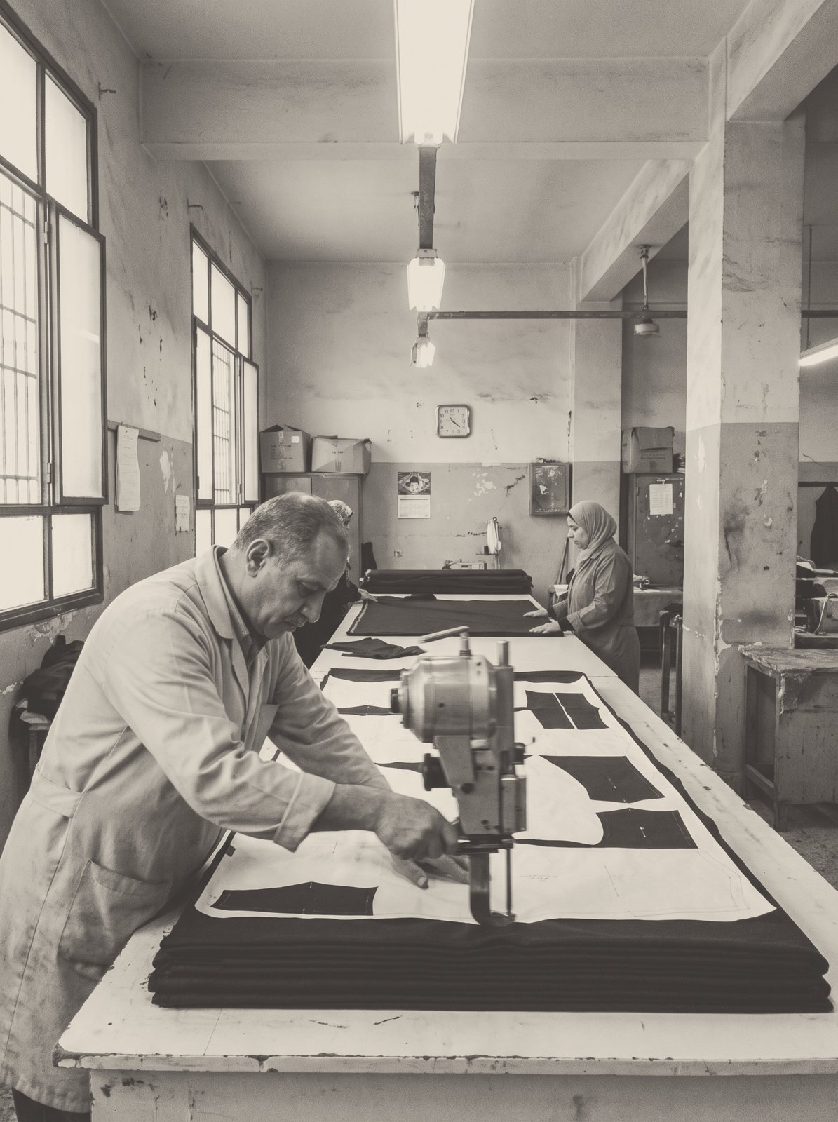 A cutter in a white coat working along the cutting table on the factory floor.