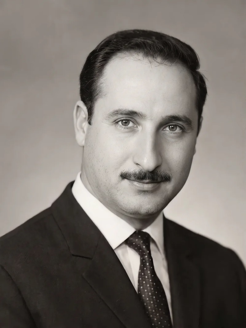 Portrait of Mohamad Hajjo, founder of the house, in a dark suit and spotted tie.