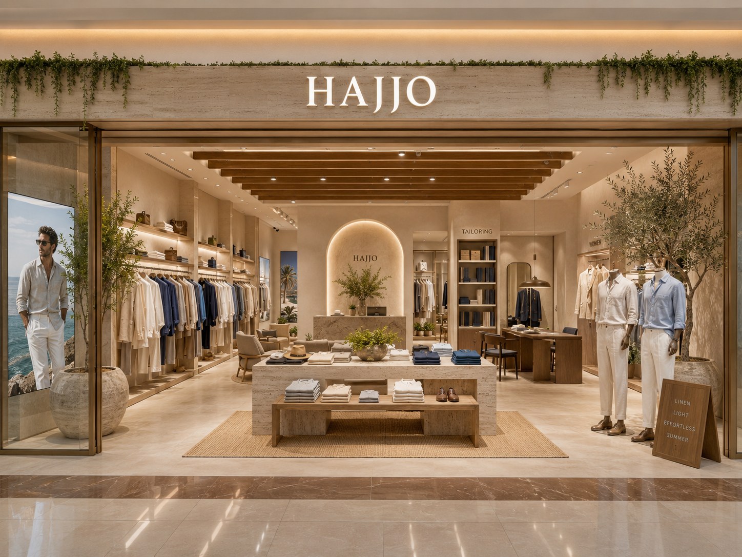 The Hajjo store front: travertine walls under a lit HAJJO sign, linen and tailoring on oak rails, mannequins in white linen and olive trees at the entrance.