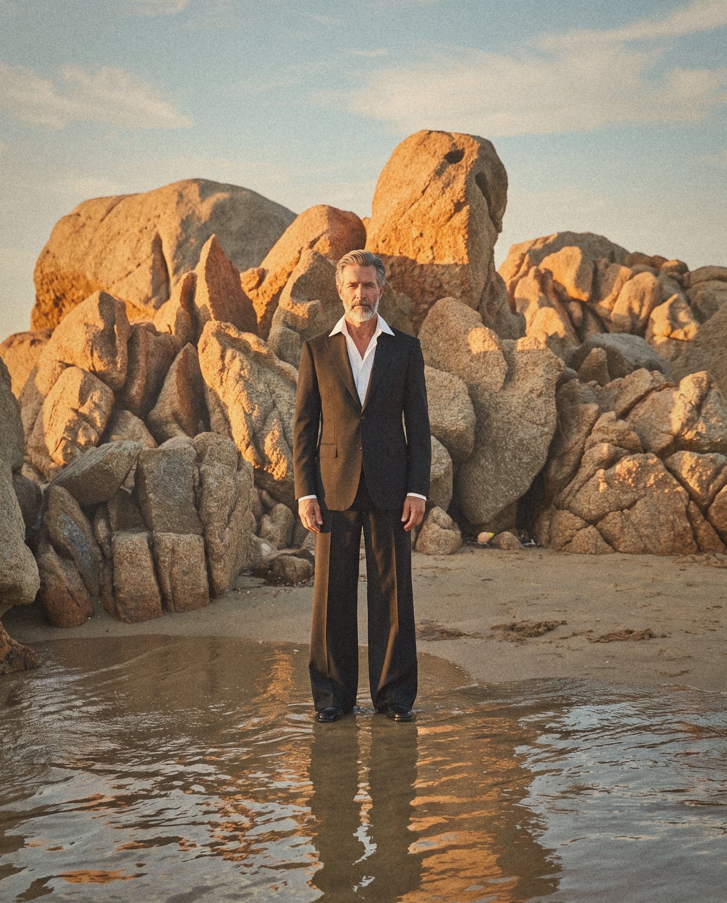 A grey haired man in a dark suit stands in a tide pool before golden granite boulders.