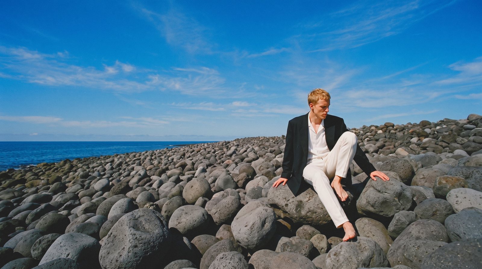 A man in a black jacket and white trousers sits barefoot on a field of sea boulders.