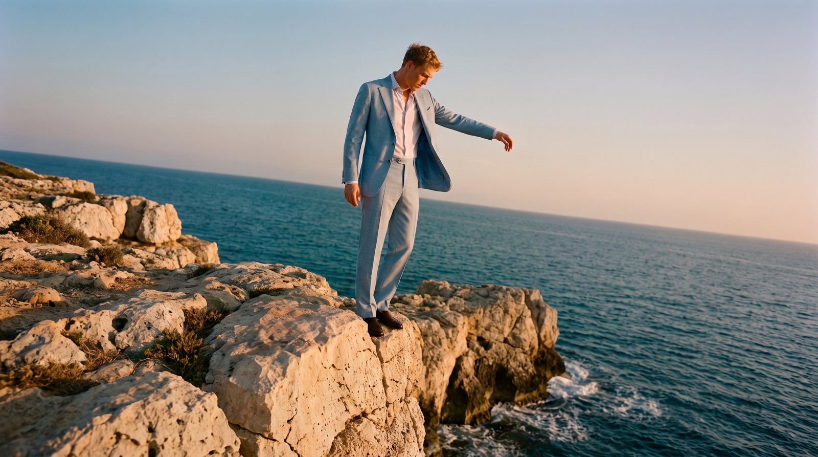 A man in a light blue suit steps along a rocky cliff above the sea.