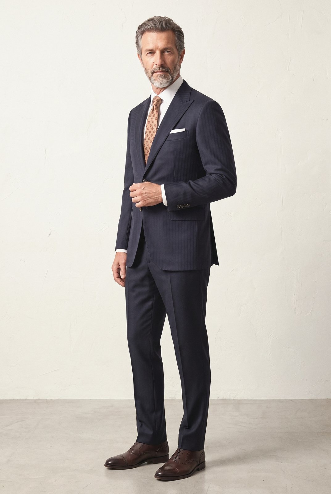 A grey bearded man in a navy herringbone suit, white shirt and patterned tie.